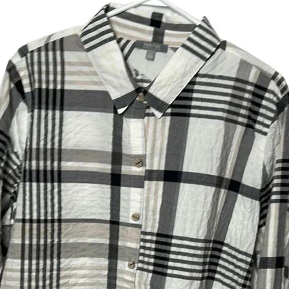HABITAT LG & XL oversized gauzy crinkle plaid shirt NWT !Lagenlook,PTP 23” & 24” - Picture 2 of 16